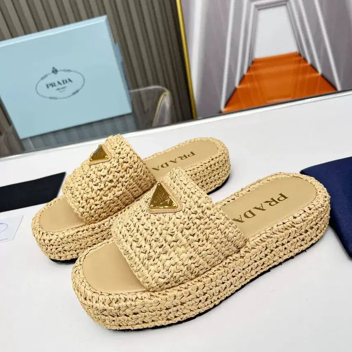 [BUNJANG] Prada Raffia Wedge Slippers Natural Material Women&