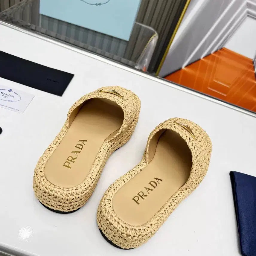 [BUNJANG] Prada Raffia Wedge Slippers Natural Material Women&