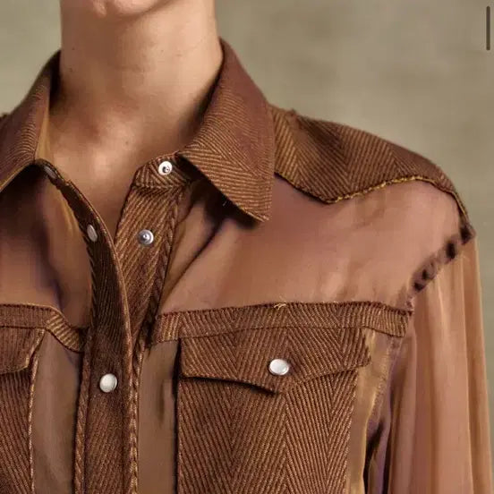 [BUNJANG] Andersson Bell Bowman Herringbone Silk Chiffon Shirt Brown / 앤더슨벨포우먼 헤링본 실크 쉬폰 셔츠 브라운 XS