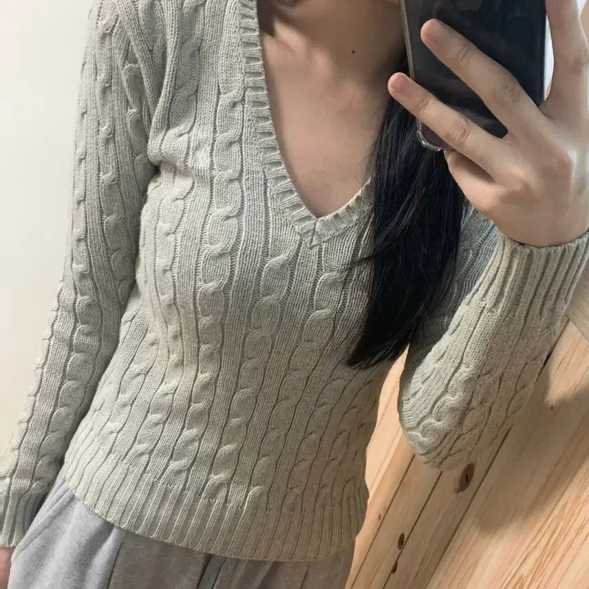 [BUNJANG] Polo Ralph Lauren V-Neck Cable Knit Sweater / 폴로 브이넥 케이블 딱붙 니트