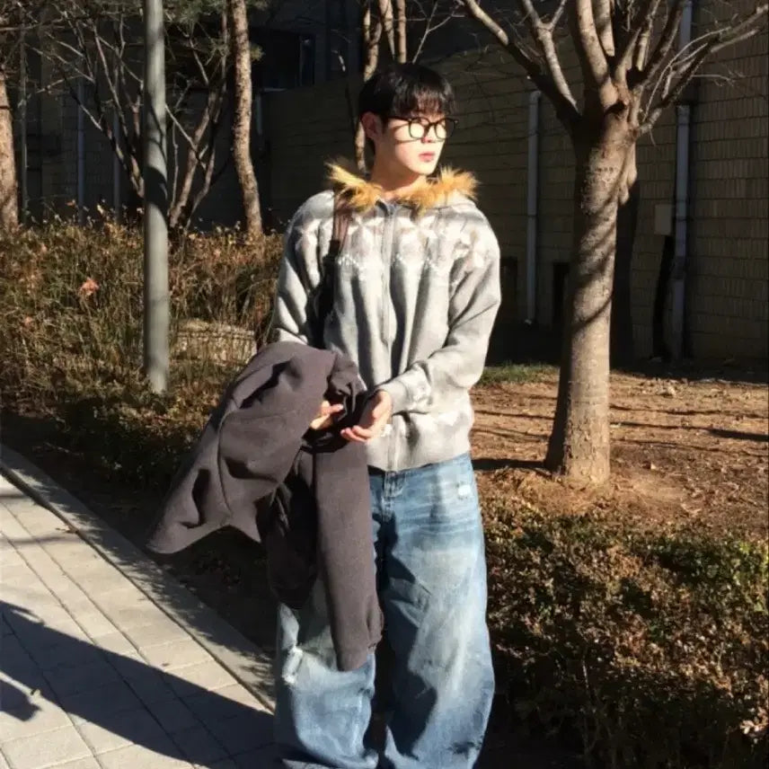 [BUNJANG] HI-OBI Nordic Fur Hooded Zip-Up Gray / 히오비 노르딕 퍼 후드 집업 (F) 그레이