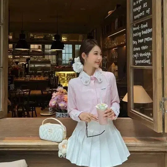[BUNJANG] Miu Miu Striped Shirt with Lace Detail / 뮤 셔츠 새것