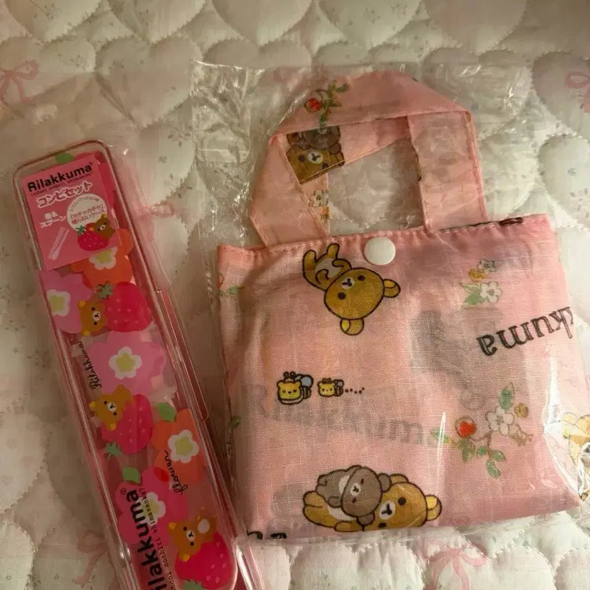 [BUNJANG] Rilakkuma Pink Shopping Basket &amp; Spoon Case / 리락쿠마 핑크색 장바구니 &amp; 숟가락 케이스