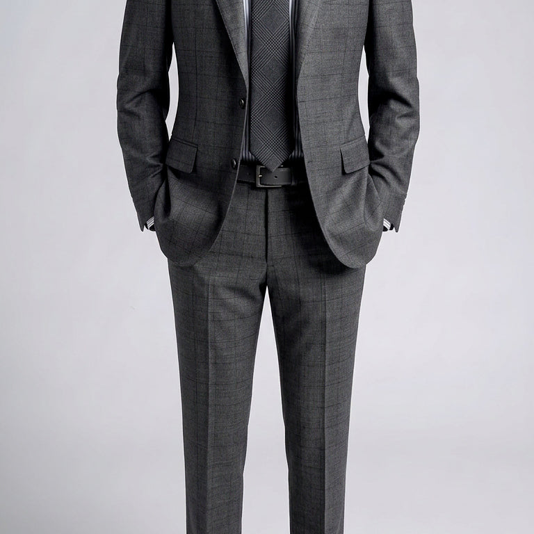[BUNJANG] Cambridge Members MTO Two-Tuck Shadow Check Notched Lapel Suit / 캠브리지멤버스/MTO 그레이 투 턱 쉐도우 체크 노치드 수트/52-54