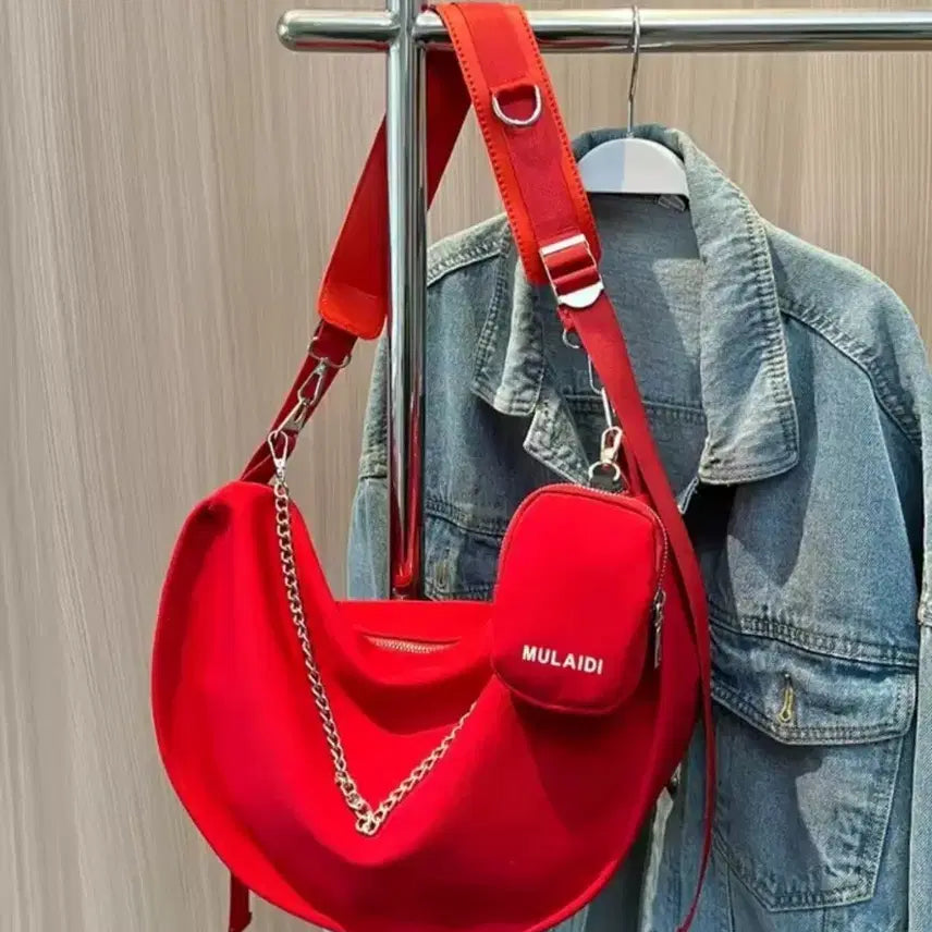[BUNJANG] Nylon Crossbody Bag with Keychain Set - Red / 나일론 크로스백 레드 / 키링 포함