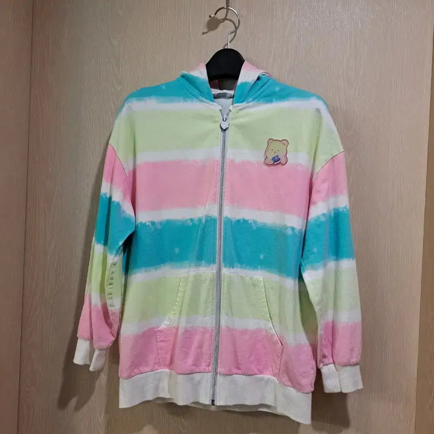 [BUNJANG] Pastel Stripe Bear Hoodie Zip-Up Size 66 / 파스텔톤 줄무늬 곰돌이 후드집업사이즈66