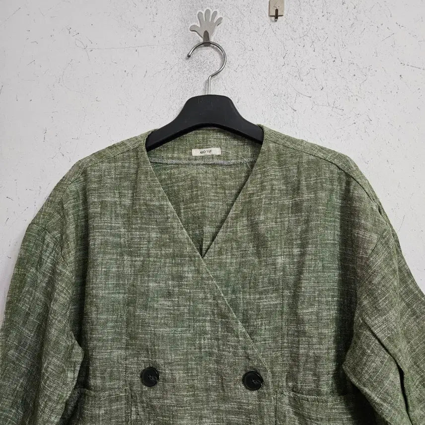 [BUNJANG] Linen Green Double-Button Short Sleeve Jacket / 린넨 그린 더블버튼 반팔 자켓
