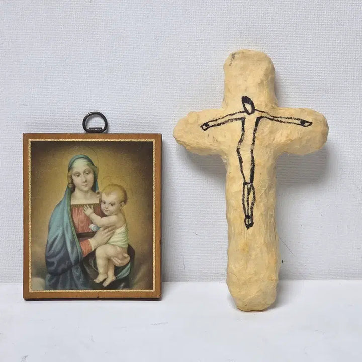 [BUNJANG] Antique Wooden Frame and Cross Set with Mother Mary / 앤틱 나무액자와 십자가 세트 성모마리아 앤틱 천주교