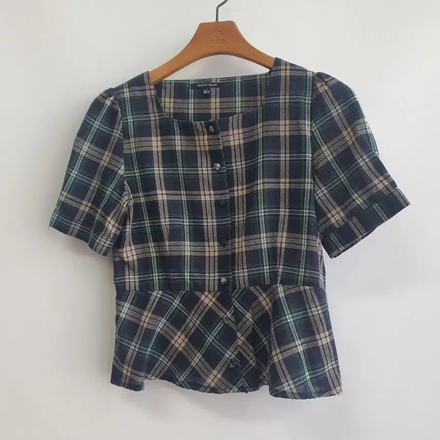[BUNJANG] Plastic Island Check Short Sleeve Blouse Size S / 1007 플라스틱아일랜드 체크 반팔 블라우스 S
