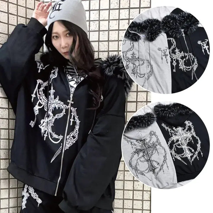 [BUNJANG] Volcan Cross Chain Print Fur Hooded Zip-Up Parka / volcan 볼칸 크로스 체인 프린트 퍼 후드집업 파카