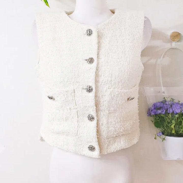 [BUNJANG] Two-Pocket Tweed Vest with Decorative Buttons - Ivory (Size M) / 트위드베스트 투포켓 예쁜단추 66 아이보리