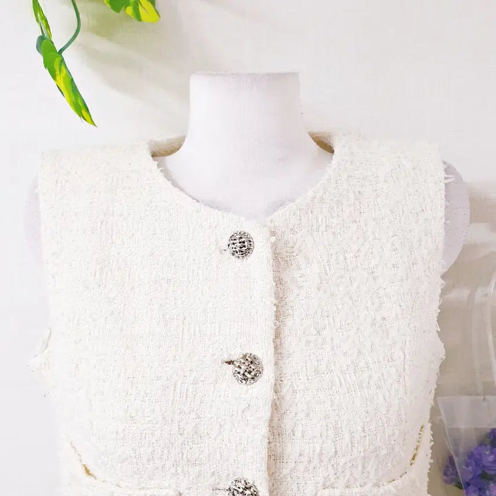 [BUNJANG] Two-Pocket Tweed Vest with Decorative Buttons - Ivory (Size M) / 트위드베스트 투포켓 예쁜단추 66 아이보리
