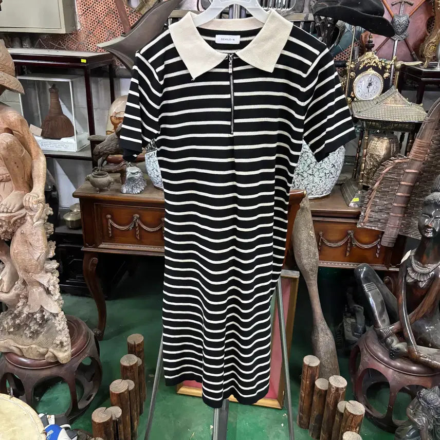 [BUNJANG] Colorblock Collar Stripe Half-Zip Knit Dress / 배색 카라 스트라이프 반집업 니트 원피스