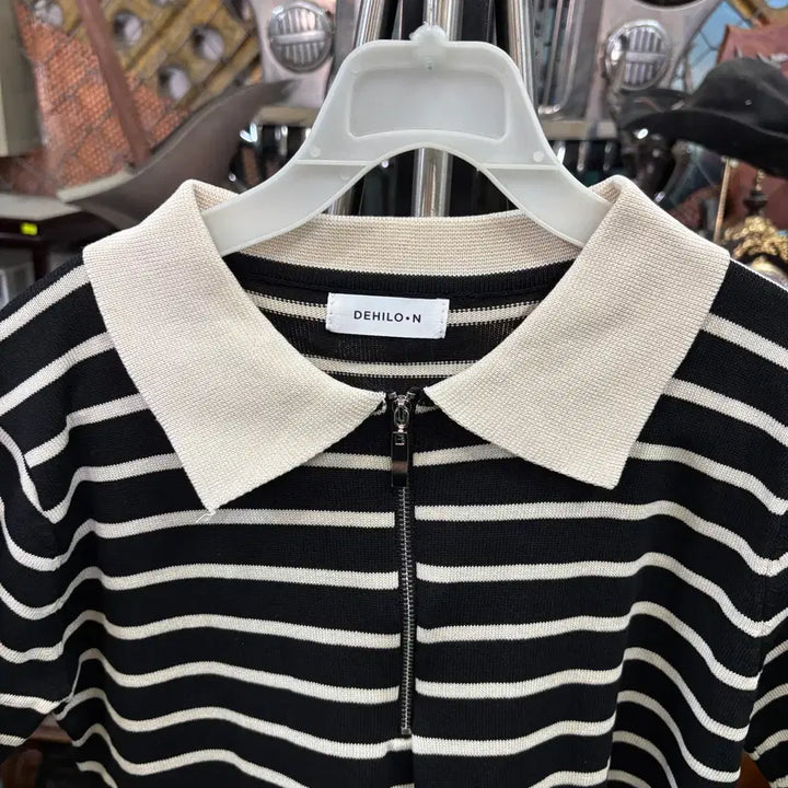 [BUNJANG] Colorblock Collar Stripe Half-Zip Knit Dress / 배색 카라 스트라이프 반집업 니트 원피스