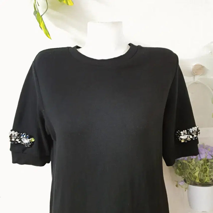 [BUNJANG] Le Cormang Sleeve Cubic Short-Sleeve Long Dress Black / 르꼬르망 소매큐빅 반팔 롱원피스 55 66 블랙