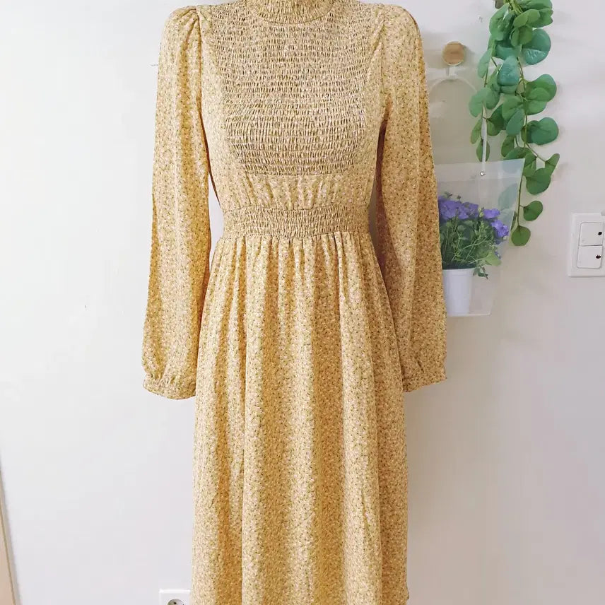 [BUNJANG] Smocked Waist Chiffon Maxi Dress Yellow / 스모크밴딩 쉬폰 롱원피스 55 66 옐로우