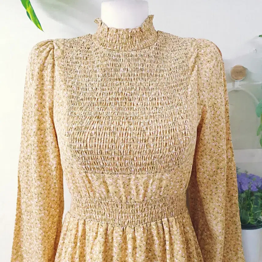 [BUNJANG] Smocked Waist Chiffon Maxi Dress Yellow / 스모크밴딩 쉬폰 롱원피스 55 66 옐로우