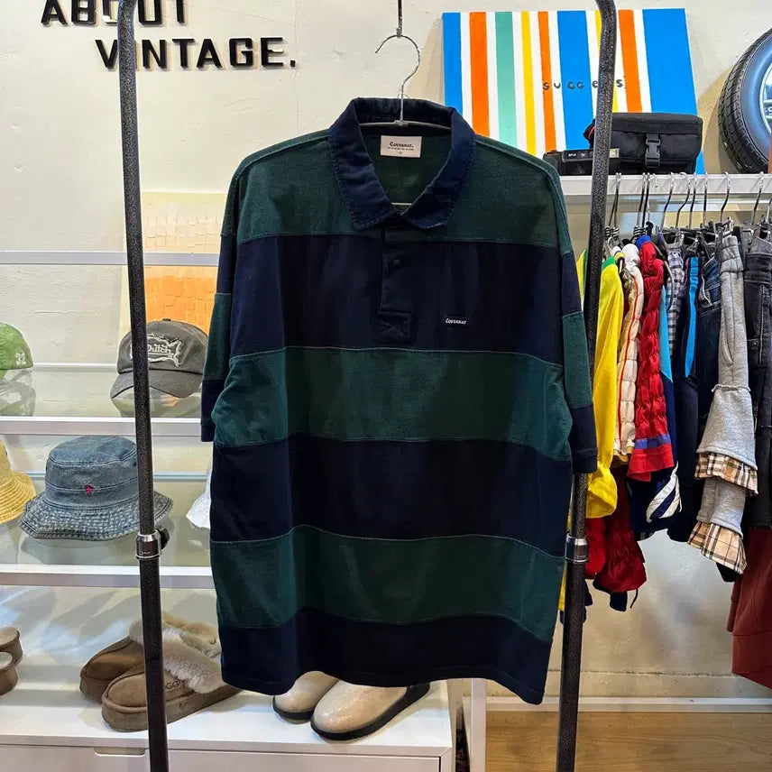 [BUNJANG] Covernat Green/Navy Stripe Collar T-shirt L / 커버낫 그린/네이비 스트라이프 카라티 L