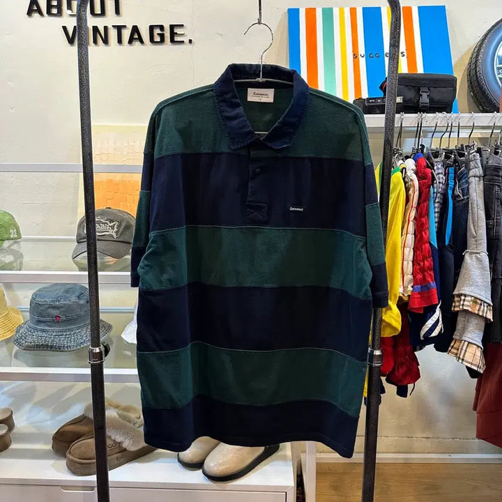 [BUNJANG] Covernat Green/Navy Stripe Collar T-shirt L / 커버낫 그린/네이비 스트라이프 카라티 L