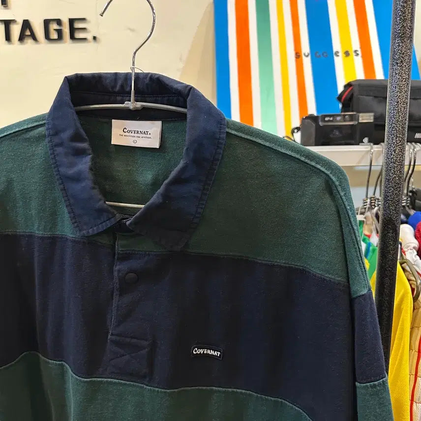 [BUNJANG] Covernat Green/Navy Stripe Collar T-shirt L / 커버낫 그린/네이비 스트라이프 카라티 L