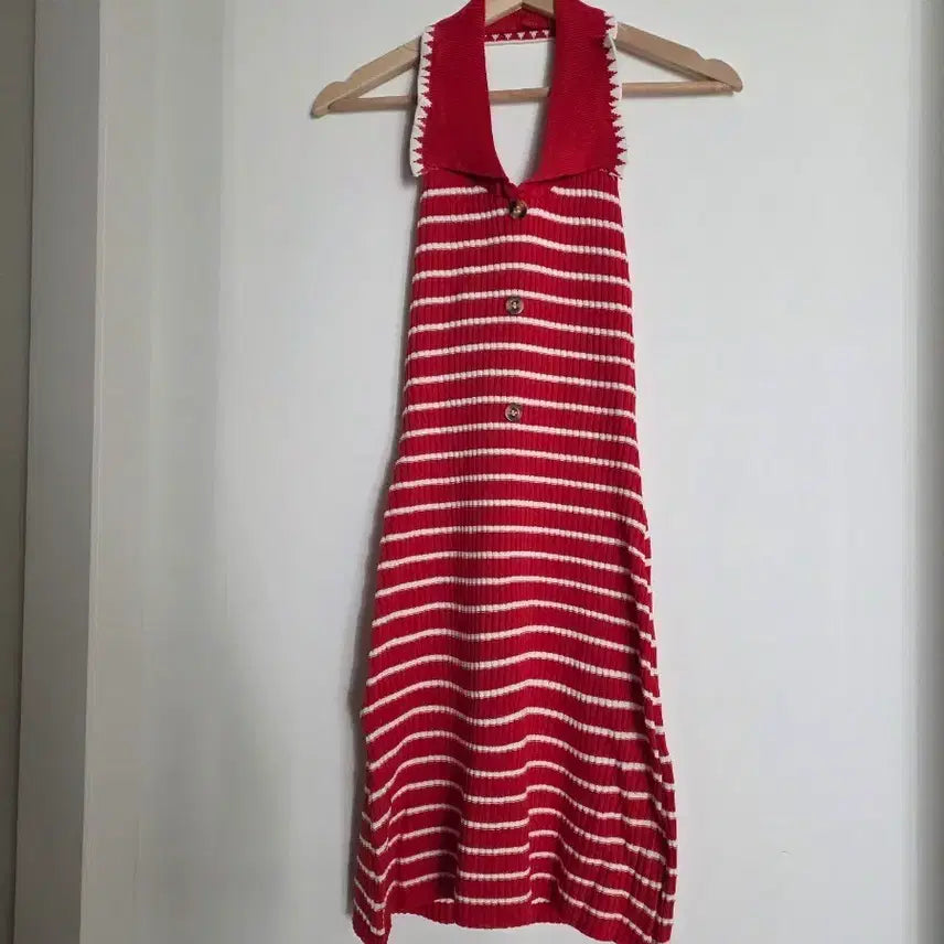 [BUNJANG] Red Stripe Knit Halterneck Mini Dress / 레드 스트라이프 니트 홀터넥 원피스