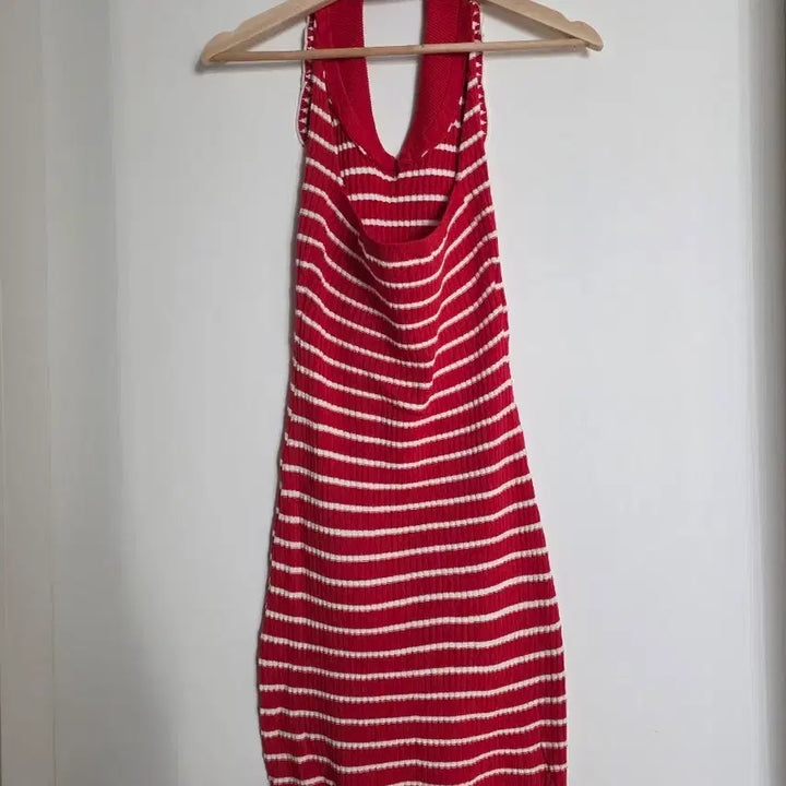 [BUNJANG] Red Stripe Knit Halterneck Mini Dress / 레드 스트라이프 니트 홀터넥 원피스