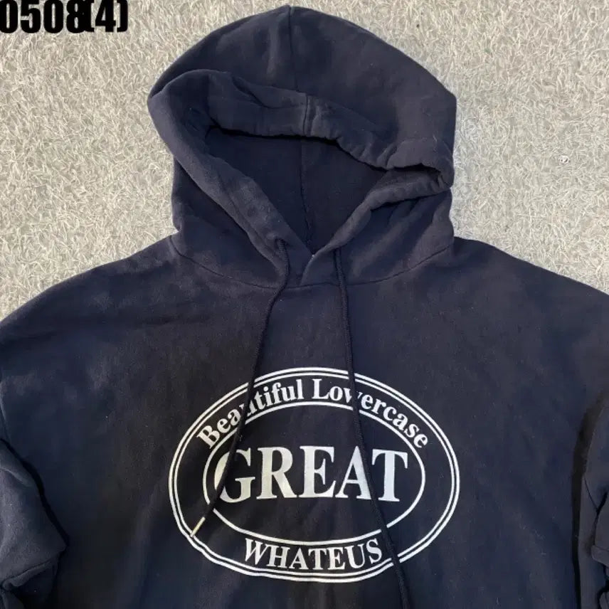 [BUNJANG] Navy GREAT Printing Hoodie / 네이비 GREAT 프린팅 후드티