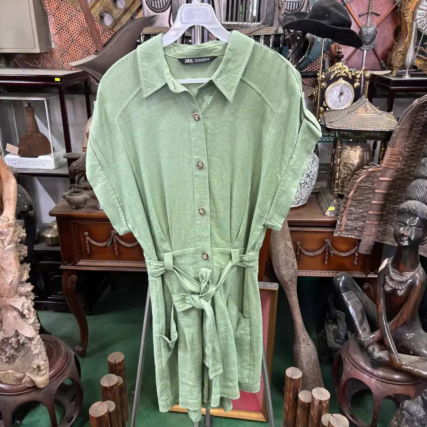 [BUNJANG] Zara Light Green Linen Blend Romper Jumpsuit / 자라(Zara)라이트 그린 리넨 혼방 롬퍼 점프수트