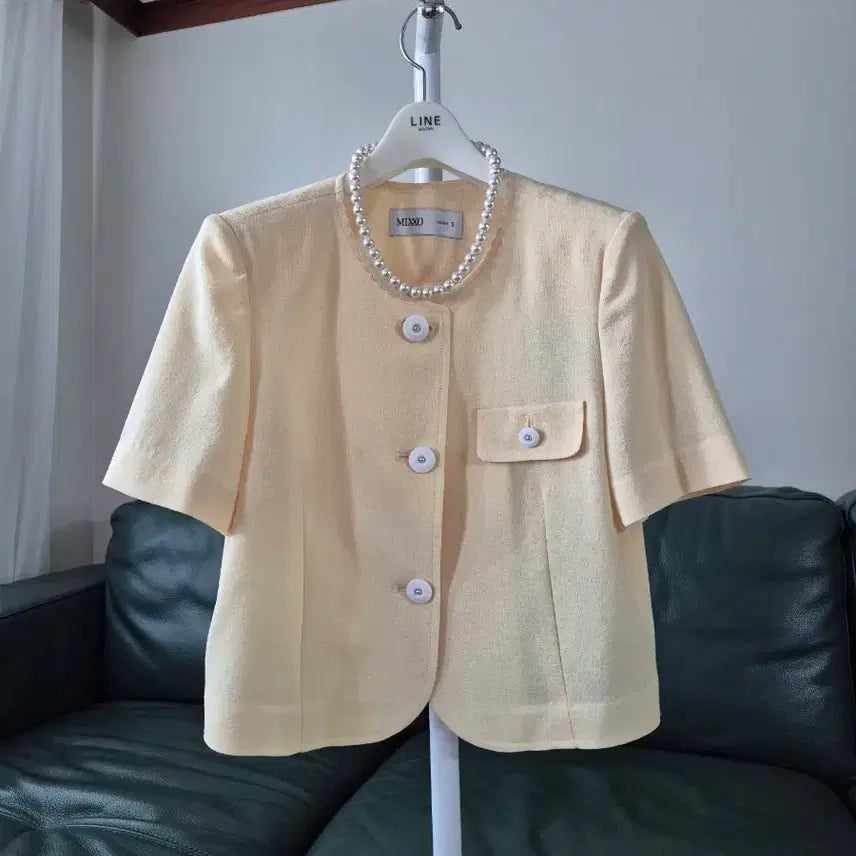 [BUNJANG] Mixxo Short Sleeve Collarless Jacket Yellow Size S / 미쏘 반팔 노카라 자켓 S 옐로우