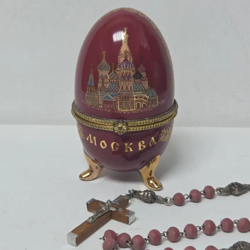 [BUNJANG] Antique Ceramic Rosary Box and Rosary Set with Moscow Architectural Design / 앤틱 도자기 묵주 보관함 과 묵주 세트 가톨릭 묵주 맨티