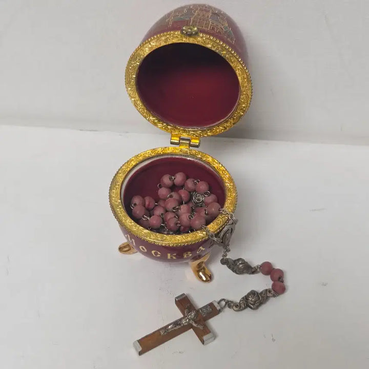 [BUNJANG] Antique Ceramic Rosary Box and Rosary Set with Moscow Architectural Design / 앤틱 도자기 묵주 보관함 과 묵주 세트 가톨릭 묵주 맨티