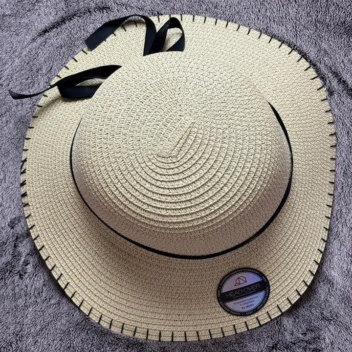 [BUNJANG] Wide Brim Beach Hat with Black Ribbon - Beige/White / 여름 비치모자-미사용
