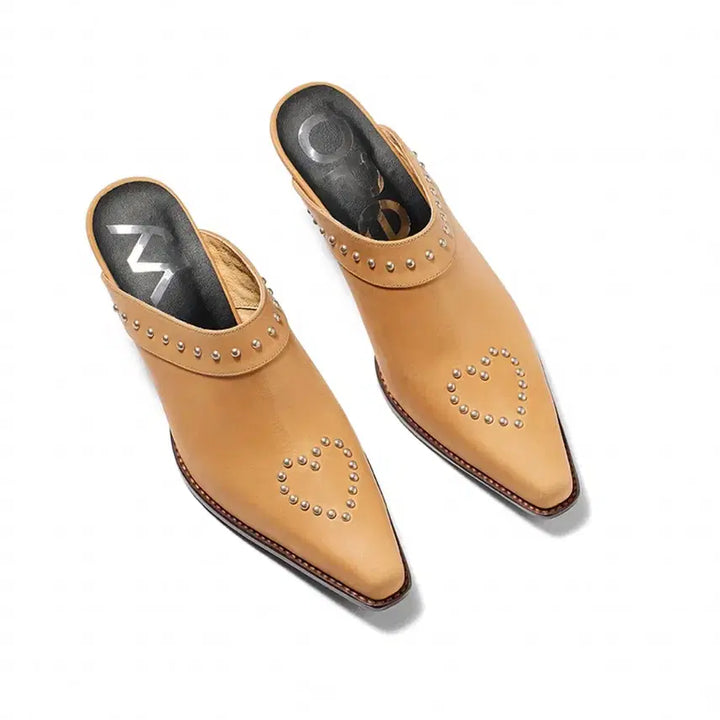 [BUNJANG] OPEN YY Heart Stud Western Mules (Beige, Size 37) / OPEN YY - HEART STUD WESTERN MULES