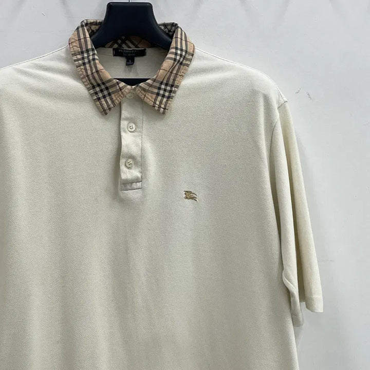 [BUNJANG] Burberry Unisex L Cream Short Sleeve T-Shirt with Nova Check Collar / 버버리 공용L 카라 노바체크 크림 PK 반팔 티셔츠