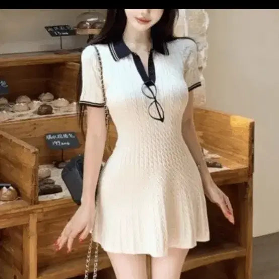 [BUNJANG] Collared Knit Mini Dress Ivory New Arrival / 카라 니트 미니 원피스 아이보리 새상품