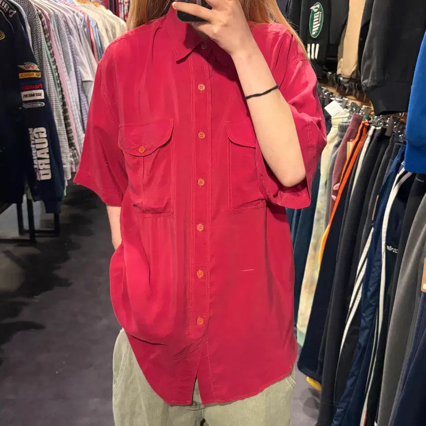 [BUNJANG] IM Silk Short Sleeve Shirt Red / [IM] 실크 반팔 셔츠 레드