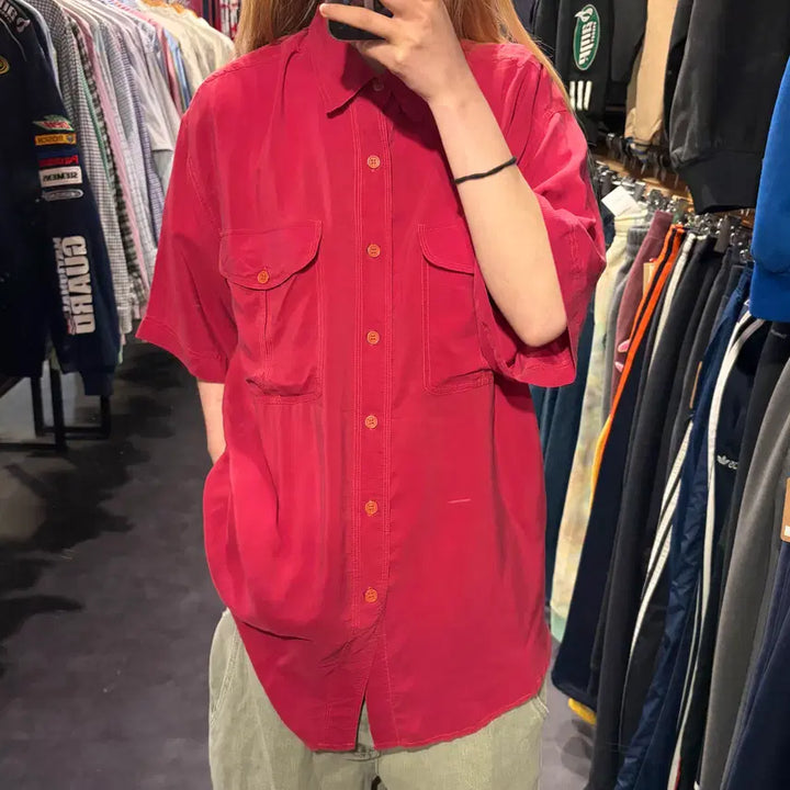 [BUNJANG] IM Silk Short Sleeve Shirt Red / [IM] 실크 반팔 셔츠 레드