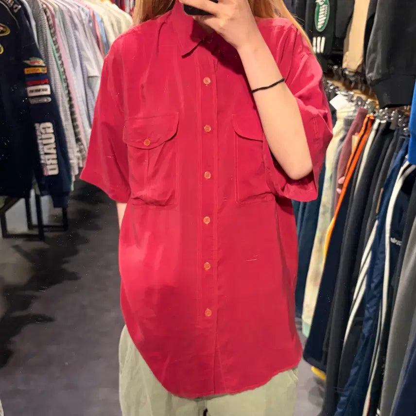 [BUNJANG] IM Silk Short Sleeve Shirt Red / [IM] 실크 반팔 셔츠 레드