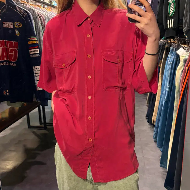 [BUNJANG] IM Silk Short Sleeve Shirt Red / [IM] 실크 반팔 셔츠 레드