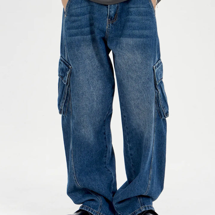 [BUNJANG] Bayer Curved Line Wide Cargo Pants (Indigo Blue) / 새) 와이드 카고 팬츠 S, M, L 미개봉 새제품