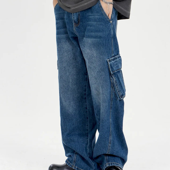 [BUNJANG] Bayer Curved Line Wide Cargo Pants (Indigo Blue) / 새) 와이드 카고 팬츠 S, M, L 미개봉 새제품