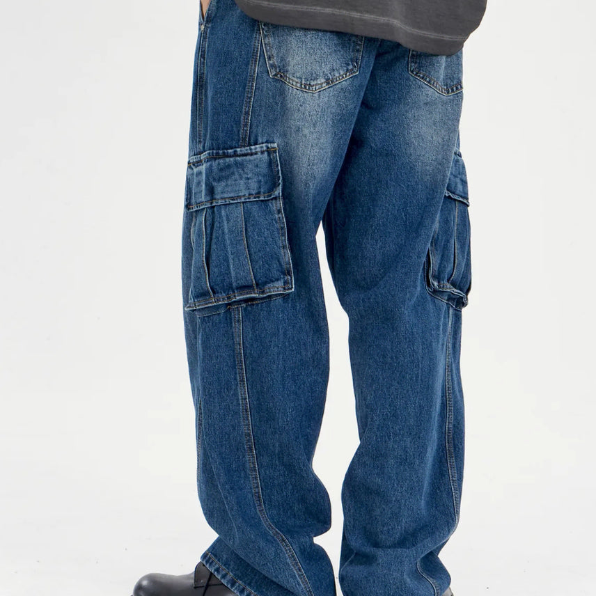 [BUNJANG] Bayer Curved Line Wide Cargo Pants (Indigo Blue) / 새) 와이드 카고 팬츠 S, M, L 미개봉 새제품