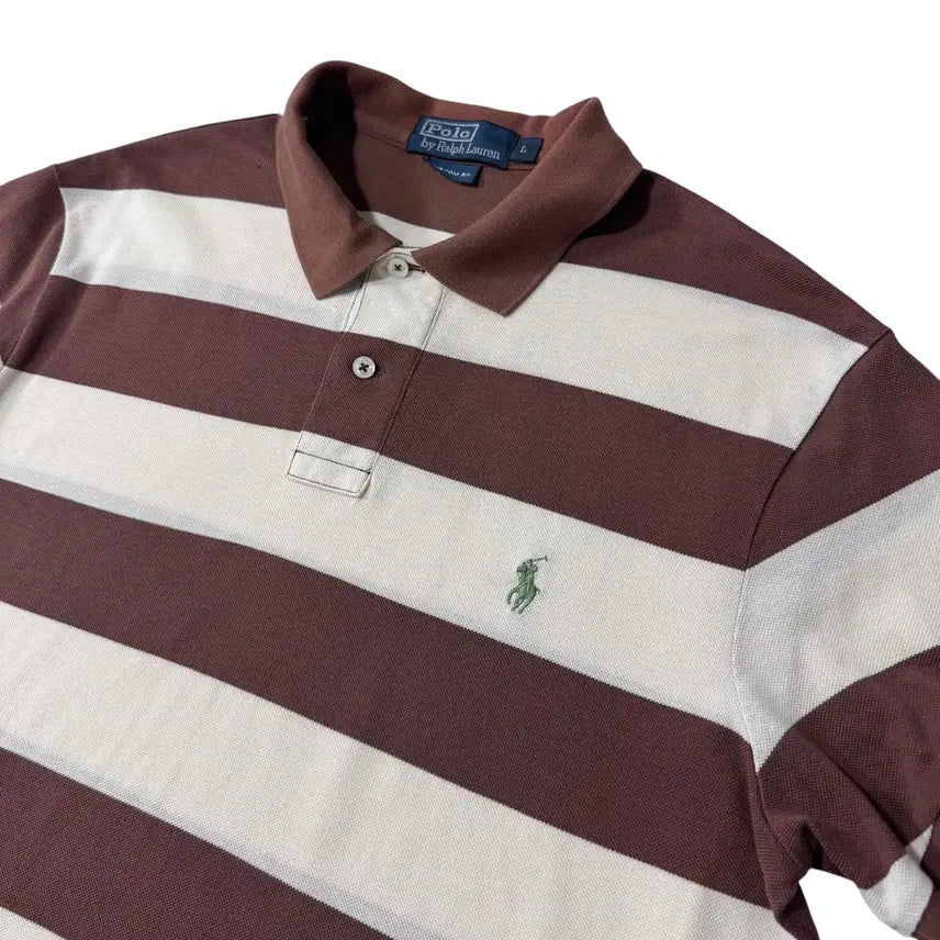 [BUNJANG] Polo Ralph Lauren Choco Brown Striped Short Sleeve Polo Shirt / 폴로 랄프로렌 초코브라운 단가라 반팔카라티