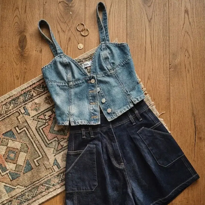 [BUNJANG] High-Waisted Pintuck Denim Shorts / 새상품 하이웨스트 핀턱 데님 숏팬츠