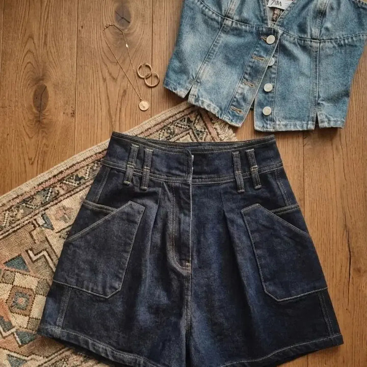 [BUNJANG] High-Waisted Pintuck Denim Shorts / 새상품 하이웨스트 핀턱 데님 숏팬츠