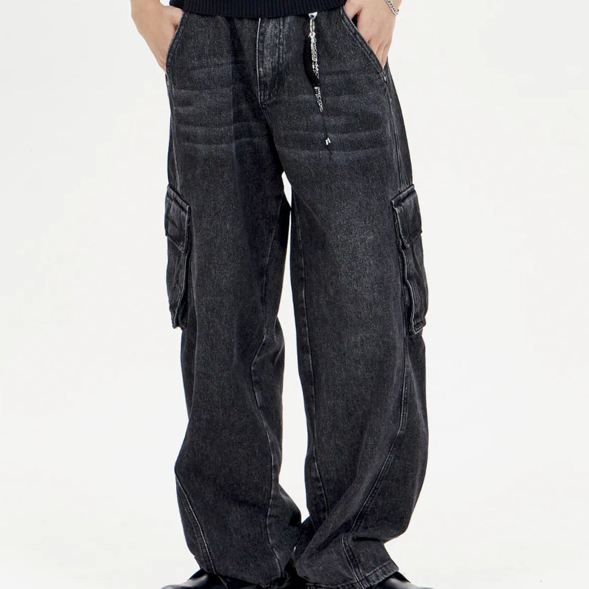 [BUNJANG] Bayer Curved Line Wide Cargo Pants Black / 새) 와이드 카고팬츠 블랙 S M L 미개봉 새제품