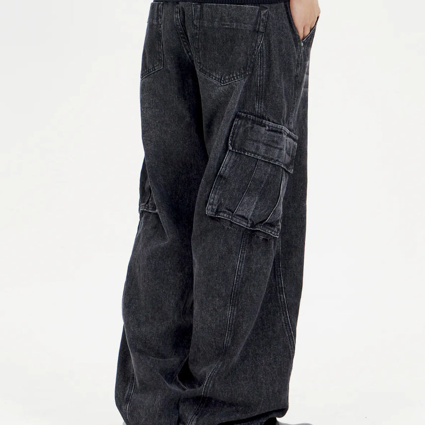 [BUNJANG] Bayer Curved Line Wide Cargo Pants Black / 새) 와이드 카고팬츠 블랙 S M L 미개봉 새제품