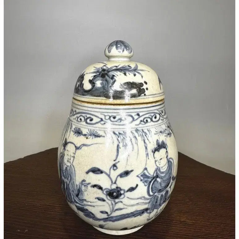 [BUNJANG] Ming Dynasty Blue and White Porcelain Scholar Figure Tea Caddy / 중국도자기 - 명대 청화백자 고사인물문 차 개관