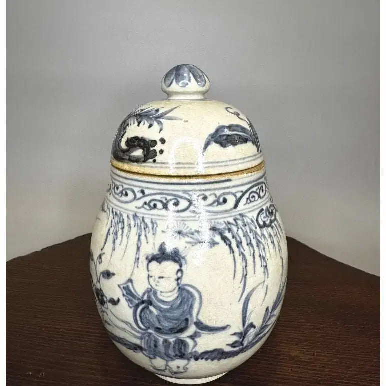[BUNJANG] Ming Dynasty Blue and White Porcelain Scholar Figure Tea Caddy / 중국도자기 - 명대 청화백자 고사인물문 차 개관