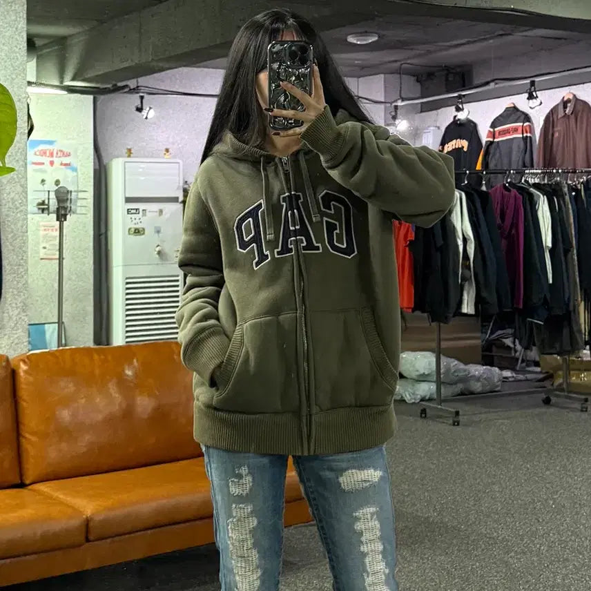 [BUNJANG] Gap Logo Fleece Hoodie Zip-Up Khaki L / 갭 로고 기모 후드집업 카키 B4711